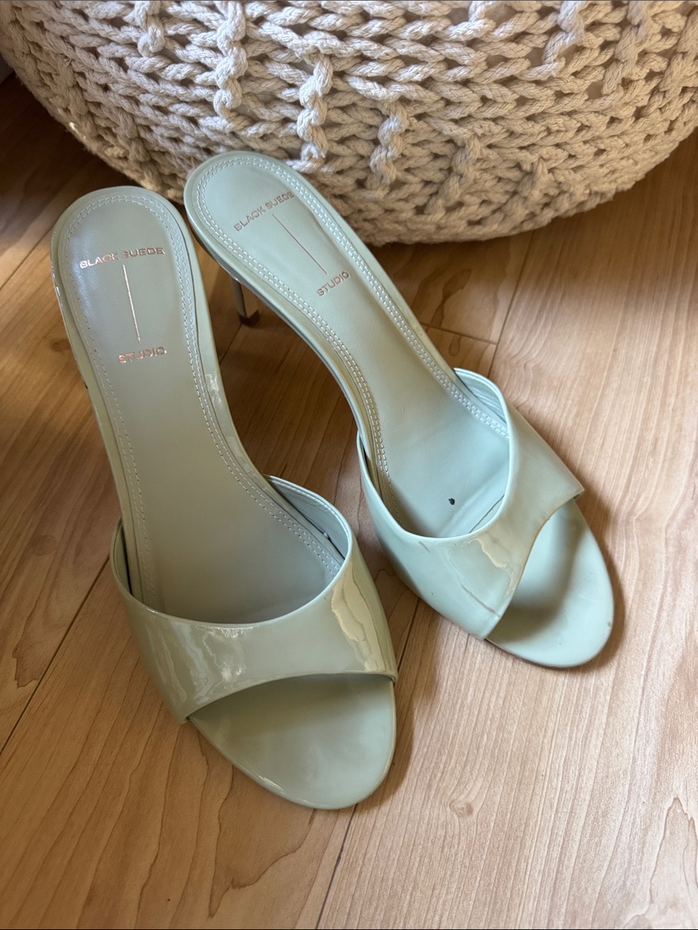 Black Suede Studio Mint Patent Open-Toe Stiletto Mules